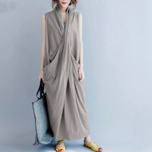 Matana Dresses & Skirts - Asymmetrical V Neck maxi sun dress in gray